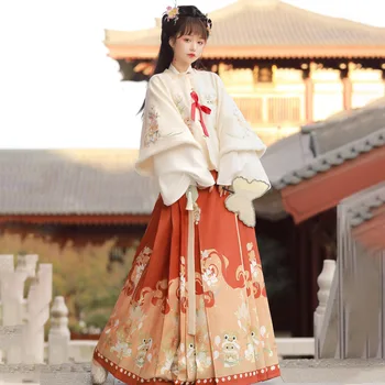Женщина из Ханфу в хлопчатобумажной блузке и костюме-юбке с лошадиной мордой из трех частей