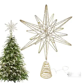 Звезда на рождественской елке со светодиодной подсветкой, полый дизайн на батарейках, светящиеся украшения для декора рождественской елки, домашней вечеринки.