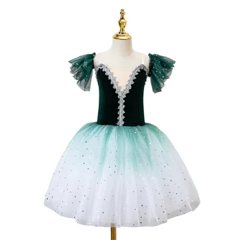 Зеленые балетные юбки, Романтическая пачка, длинные балетные платья-пачки из тюля, вечернее платье Балерины для девочек, Детский балетный танцевальный костюм