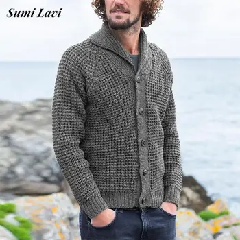 Зимняя уличная трикотажная мужская одежда, вязаный однотонный свитер на пуговицах с лацканами, куртка-свитер для мужчин, Весеннее новое повседневное вязаное пальто 2024 года