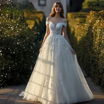 Идеальные Элегантные кружевные свадебные платья трапециевидной формы для женщин 2023 с открытыми плечами и аппликацией на спине Свадебные платья Vestidos De Novia