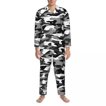 Камуфляжная пижама, мужская, Черно-белая, камуфляжная, Удобная Одежда для сна, Осень, 2 предмета, Повседневные пижамные комплекты на заказ