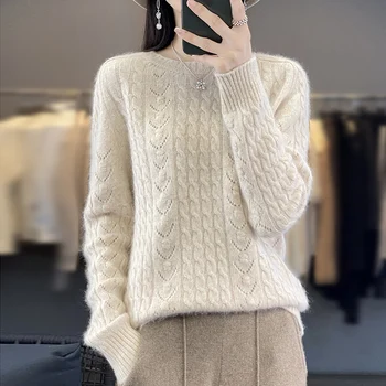 Кашемировый свитер из 100% норки, женский вязаный свитер с круглым вырезом, пуловер с длинными рукавами, осенне-зимний свободный модный теплый топ