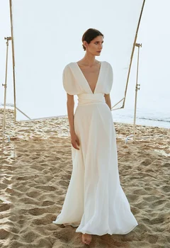 Классическое Свадебное платье Трапециевидной формы из шифона с глубоким V-образным вырезом и короткими рукавами, Свадебное платье Robe De Mariée длиной до пола для женщин-невест.