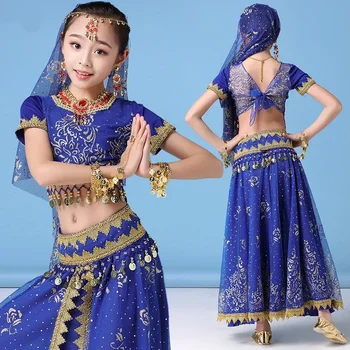 Комплект детских костюмов для танца живота, юбка для танца живота, платье для танцев для девочек, одежда для индийских танцев на сцене для соревнований