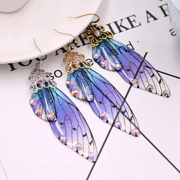 Креативные серьги-подвески в виде крыльев бабочки, имитирующие крылья феи ручной работы, серьги-капли из фольги, стразы, ювелирные изделия
