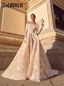 Кружевное длинное свадебное платье с открытыми плечами, С длинным рукавом и цветочными аппликациями, платья невесты в стиле бохо, Vestidos De Novia