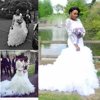 Кружевные оборки Свадебные платья Африканской Русалки Прозрачные Ярусы с длинными рукавами Плюс Размер Приталенного свадебного платья на заказ