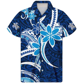 Летняя мода Харадзюку, гавайская мужская рубашка с принтом полинезийского племени, Повседневный летний дышащий топ с коротким рукавом