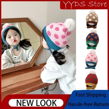 Милая винтажная вязаная шапка в горошек для детей, зимняя милая шапка-шарф с комочками меха, комплект из 2 предметов, детская шапочка с цветными вставками
