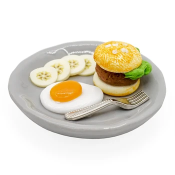 Миниатюрный набор для завтрака Odoria 1: 12, Гамбургер, Яйцо, Банан на керамической тарелке, Мини-Поддельная Еда, Аксессуары для Кукольного домика, Декор кухни