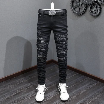 Модные мужские джинсы в стиле ретро, черные, серые, Стрейчевые, Обтягивающие, Рваные джинсы, Мужские дизайнерские брюки в стиле хип-хоп Hombre
