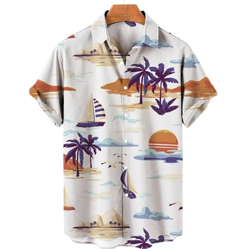 Модные рубашки для мужчин, Повседневный принт в виде кокосовой пальмы, короткий рукав, лацкан, Свободная Гавайская блузка, Пляжная одежда, Новые летние топы для путешествий 2023 г.