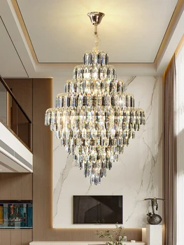 Модный креативный дизайн, индивидуальность ресторана, золотая светодиодная длинная люстра K9 Crystal, подвесной светильник для вестибюля отеля