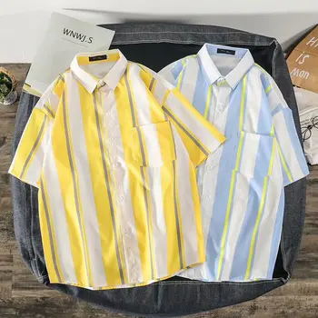 Мужские модные рубашки в полоску контрастного цвета с коротким рукавом Без кармана, Летняя повседневная рубашка стандартного кроя на пуговицах B123