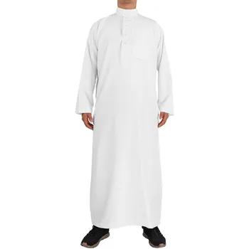 Мужской мусульманский халат со стоячим воротником и карманом на пуговицах, модный свободный дышащий однотонный повседневный халат с длинным рукавом