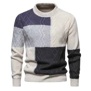 Мужской осенне-зимний новый тренд, модный вязаный свитер с цветным блоком, повседневный свитер с витым рисунком, подходящий по цвету к повседневному свитеру