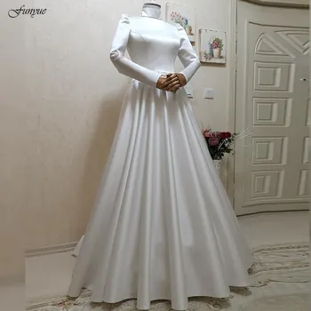 Мусульманские Свадебные платья Funyue С Длинными рукавами, Свадебное Платье с Вуалью, Атласное Простое Платье для невесты Трапециевидной формы, Vestido De Novia 2024