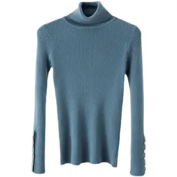 Мягкая эластичная рубашка с высоким воротом, Приталенный вязаный свитер для женщин, Однотонный, Длинные рукава, Защита шеи, Пуговицы, декор Осень