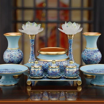 Набор буддийских принадлежностей из латуни для Будды, бытовая стеклянная ваза для воды, тарелка, курильница для лампы.
