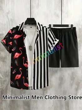 Новый модный мужской Гавайский черный комплект с принтом в полоску с Фламинго, Повседневная рубашка с коротким рукавом и пуговицами, Пляжные шорты, Костюмы для отпуска из двух частей
