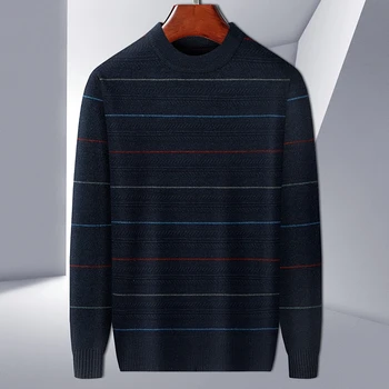 Новый мужской многоцветный осенне-зимний пуловер в полоску с круглым вырезом, деловой повседневный мужской свитер теплого кроя