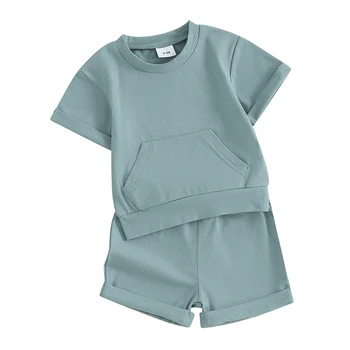Одежда из 2 предметов для маленьких мальчиков, однотонная футболка с коротким рукавом и эластичные шорты, летний комплект одежды