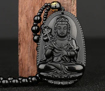 Ожерелье Святого Покровителя, Вырезанный из черного обсидиана Будда, Амулет на удачу, Ожерелье для женщин, Мужские Подвески, Ювелирные изделия
