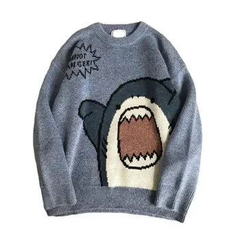 Отличный весенний свитер, термоэластичный зимний свитер с защитой от скатывания и принтом акулы