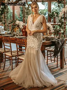Очаровательные свадебные платья с V-образным вырезом и открытой спиной, кружевное свадебное платье без рукавов с 3D-аппликацией в виде русалки