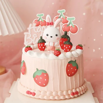 Персонализированный Мультяшный Топпер для торта Прекрасный Розовый Декор для милой девушки, украшение для торта с клубникой, вишней и кроликом, День рождения, Детский душ