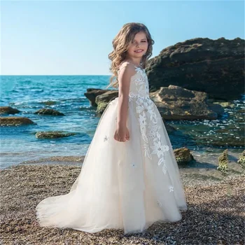 Платье с цветочным узором для девочки, пышное свадебное платье с аппликацией под горло для пышного ребенка, платье для первого причастия на день рождения, Свадебное платье на заказ