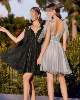 Платья для официальных мероприятий, Черные роскошные платья для выпускного вечера с V-образным вырезом, блестки, бретельки, без рукавов, элегантное вечернее бальное платье