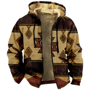 Племенной графический принт, Винтажная толстовка с капюшоном и 3D рисунком, толстовка на молнии с длинным рукавом, зимнее пальто с воротником-стойкой, женская и мужская модная одежда