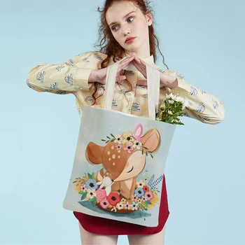Повседневная Акварельная Детская сумка-тоут с милыми мультяшными животными, многоразовая с обеих сторон, Модная Холщовая Женская сумка для покупок