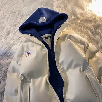 Поддельная хлопковая куртка из двух частей, мужская зимняя корейская версия, свободная хлопковая куртка из искусственной кожи с капюшоном, модный бренд, красивый