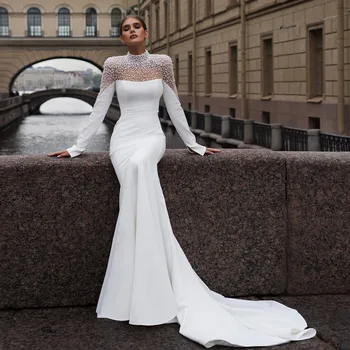 Потрясающие свадебные платья Русалки с высокой шеей и Пышными рукавами, расшитые бисером, Стреловидный поезд на заказ 2024 Vestido De Noival