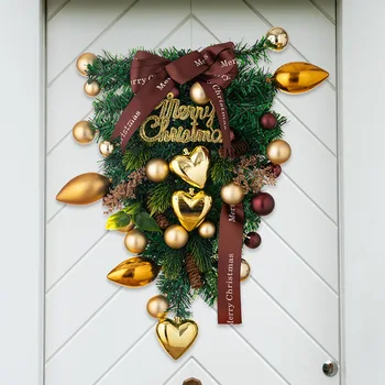 Рождественские венки для входной двери Рождественский перевернутый елочный венок с бантом в форме сердца, цветная шаровая гирлянда, подвешенная на стене, на окне, на двери