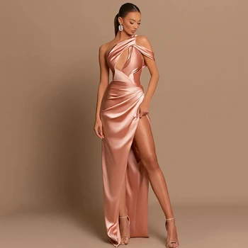 Розовые вечерние платья Русалка для выпускного вечера, вечернее платье длиной до пола на одно плечо с высоким разрезом Robe De Mariee