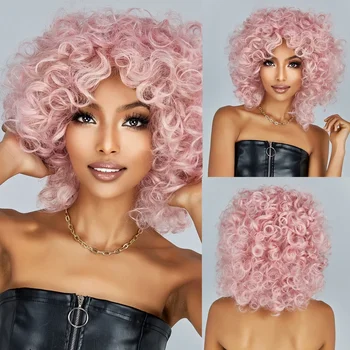 Розовые вьющиеся синтетические парики для чернокожих женщин Короткий кудрявый парик с челкой Термостойкий парик для волос Хэллоуин Косплей Парики для вечеринок