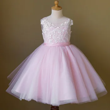 Розовые платья в цветочек для девочек, пышная белая аппликация из тюля с бантом, без рукавов для свадьбы, дня рождения, платья для первого причастия