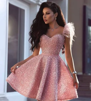 Розовые расшитые бисером Короткие выпускные платья трапециевидной формы с перьями, модные женские коктейльные платья 2023, вечерние платья на день рождения
