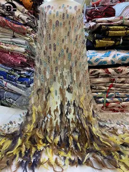 Роскошная кружевная ткань из 3D-перьев, 5 ярдов, Дубайская кружевная ткань из тюля ручной работы, вышитая аппликация, Африканская Нигерийская ткань для шитья