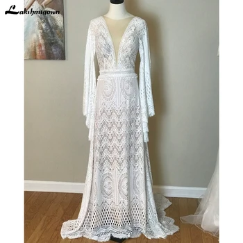 Свадебное платье Lakshmigown в стиле бохо с длинными расклешенными рукавами, богемное свадебное платье, винтажное кружевное платье с длинным шлейфом, Robe De Mariee