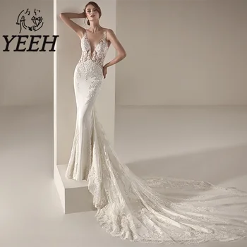 Свадебное платье YEEH Illusion с V-образным вырезом на спине, изысканные кружевные аппликации, свадебное платье со шлейфом в виде русалки, Vestido De Noiva для невесты