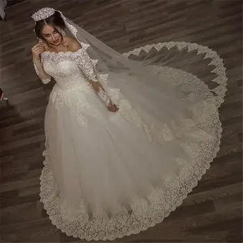 Свадебные платья с открытыми плечами и длинными рукавами, кружевные бальные платья с аппликацией, шлейф, шнуровка сзади, свадебные платья больших размеров