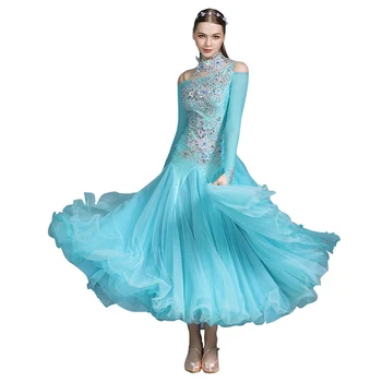 Светло-голубое роскошное платье для бальных танцев со стразами, платье для современных танцев, вальса фламенко, Стандартная одежда для занятий