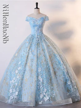 Светло-голубые пышные платья с открытыми плечами, вечернее платье, роскошное бальное платье для вечеринки, платье принцессы