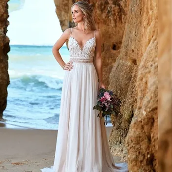 Сексуальное шифоновое богемное свадебное платье с открытой спиной, кружевная аппликация, пляжное свадебное платье без рукавов с V-образным вырезом, Robe De Mariee