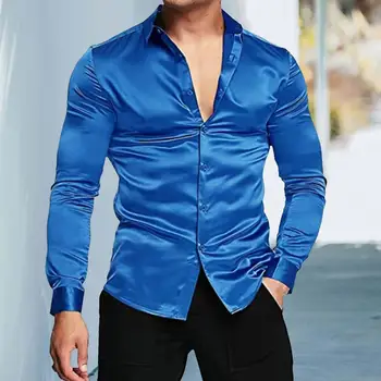 Сексуальные мужские рубашки и блузки из атласного шелка, однотонные облегающие вечерние рубашки с длинным рукавом, мужская одежда для вечеринок